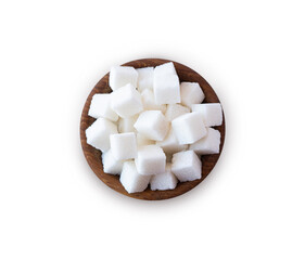 Wooden bowl with white sugar cubes. Sugar cube isolated on white. Selective focus. Sugar cube in wooden bowl on white background. Top view.