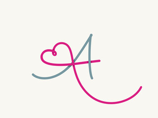 Letter A logo.Decorative creative calligraphic icon isolated on light fund.Lettering sign for wedding, valentines day.Alphabet initial.Ornamental heart, love symbol element.Character shape.