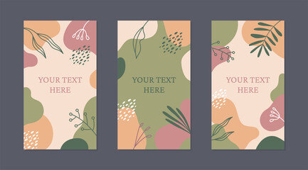 Vector set of editable banners with abstract shapes and floral elements in natural shades. Template for internet advertising and social media posts.