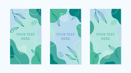 Vector set of editable banners with abstract shapes and floral elements in blue, green and turquoise colors. Template for internet advertising and social media posts.