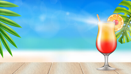 Tequila Sunrise cocktail on a wooden table on a beach background. Vector illustration.