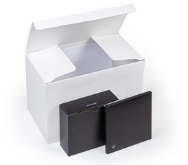 White cardboard packing box, small boxes with accessories and manual