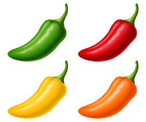 Set of jalapeño in four colors isolated on white background. Vector illustration.