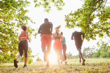 Laufgruppe beim Trimm dich Jogging in der Natur - obrazy, fototapety, plakaty