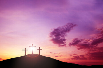 Three cross on the hill, Jesus Christ from the Bible. Easter, Religion. Salvation of sins, sacrifice - 423691008