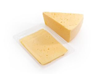 Piece and slices of semi-hard cheese in plastic packaging