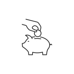 Hand Puts Coin in Piggy Bank Related Vector Line Icon. Sign Isolated on the White Background. Editable Stroke EPS file. Vector illustration.