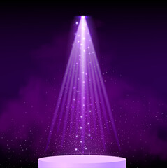 Naklejka na ściany i meble Purple spotlight. Bright lighting with spotlights of the stage with purple dust and cylinder podium.