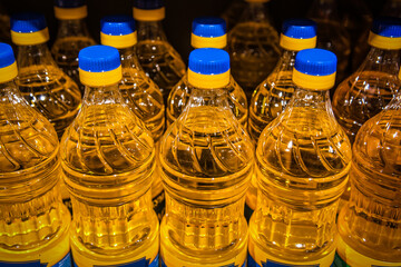 bottles of oil on supermarket
