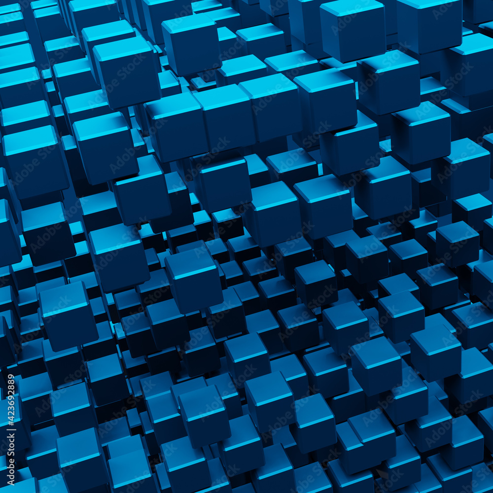 Poster blue abstract 3d cube background, 3d illustration of abstract background with thousand cube in 3d pe