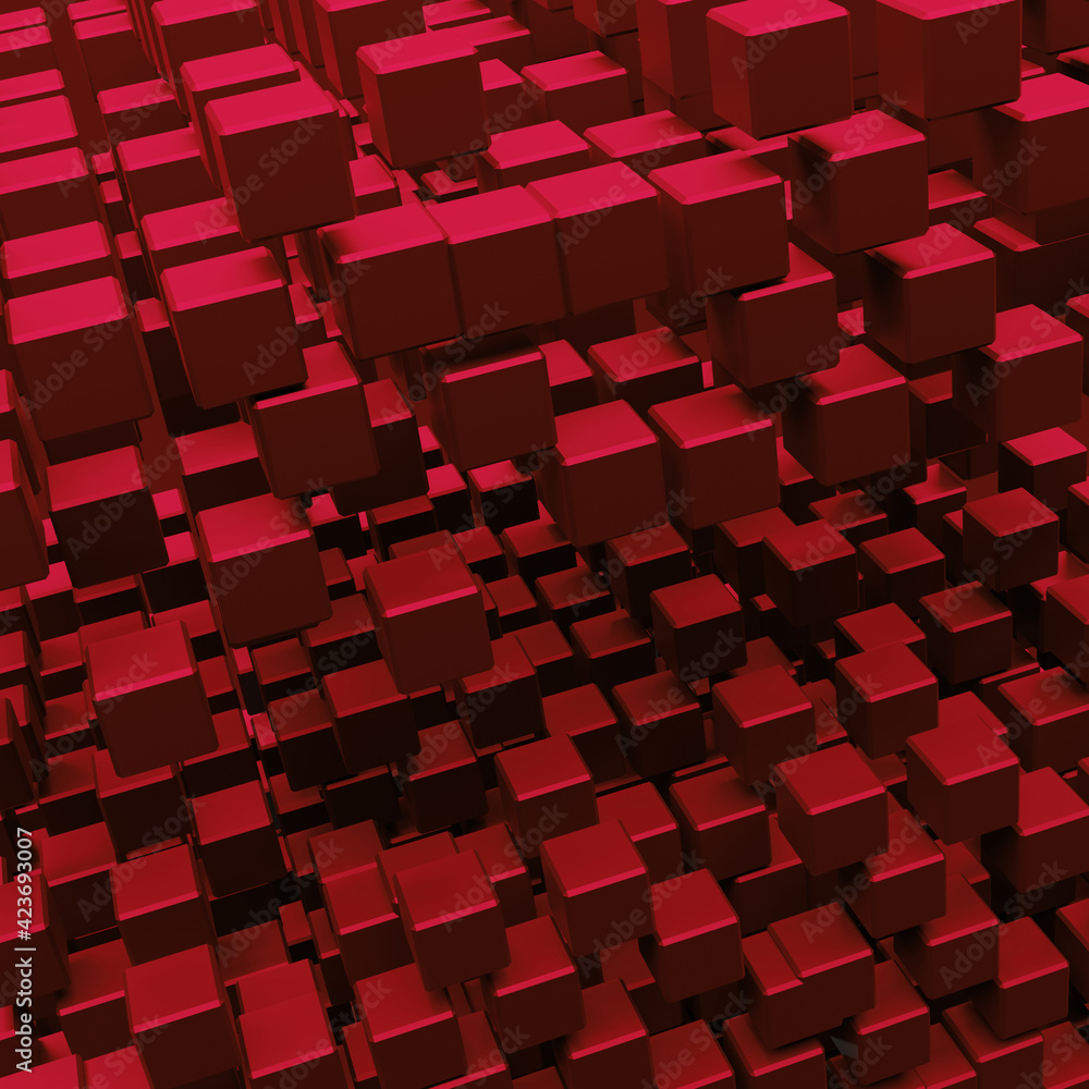 Poster red abstract 3d cube background, 3d illustration of abstract background with thousand cube in 3d per