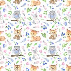 Obraz premium Seamless Pattern watercolor forest animals. Woodland baby print, cute cartoon, wild life background. For digital paper, fabric, scrapbooking. Owl, rabbit, Butterfly, deer, lynx, blueberry