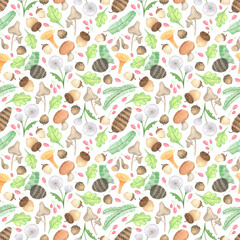 Seamless pattern forest elements, watercolor collection. Wild print meadow background. For digital paper, fabric, scrapbooking. Pinecone; pine; dandelion; acorn; branch; mushroom; oak; berry