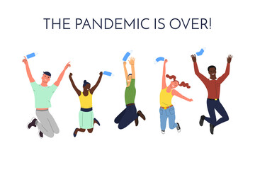 Crowd of young happy smiling multinational diverse people in jumping poses throwing up face masks. With text. Quarantine and pandemic of covid 19 is over. Back to normal. Isolated on white, vector