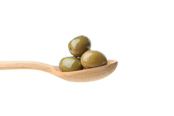 Wooden spoon with olives isolated on white background
