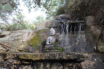 estatua de buda en pequeño estanque con catarata