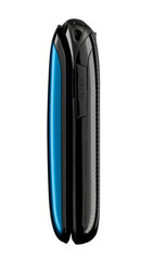 telefono celular cerrado de perfil azul sobre fondo blanco. closed cell phone in blue profile on...