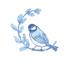 Titmouse bird on a branch (also called Great tit, Parus major) in the blue Toile de Jouy style for ceramic tile, wedding invitation, greeting card. Watercolor hand drawn painting illustration isolated