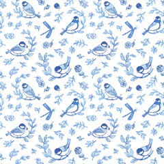 Seamless pattern in blue toile de jouy style with titmouse birds on a branch (also called Great tit, Parus major) Texture for wallpaper, wrapping gift, fashion fabric. Watercolor illustration isolated