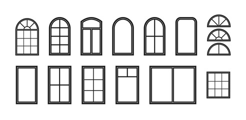 Window frame. Silhouette of window. Outline icon of house, building and facade. Black decorative arch and frame for office, architecture. Closed balcony in wall. Editable exterior isolated. Vector