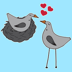 Sticker birds in love. Collection of romantic and humorous decals for design, isolated on blue