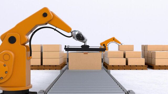 Robotic Palletising and Packaging Concept. Loopable 3D Animation