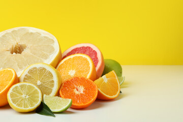Citrus on white table against yellow background, space for text