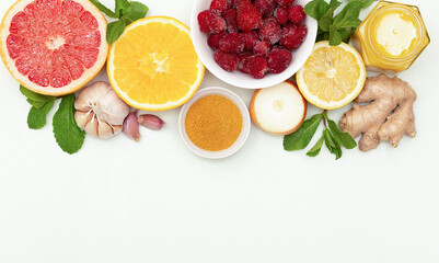 Set of natural fruits and vegetables to boost immune system isolated on white, view from above. Superfoods for immunity boosting top view.