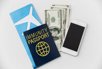 tourism, safe travel and health care concept - immunity passport, air ticket, money and smartphone on white background