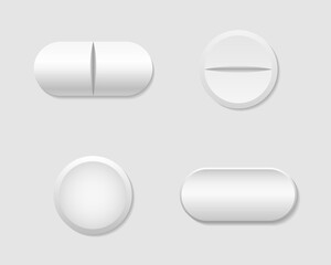 Pill and capsule. White round tablet. Realistic medicine for healthy. Pill of aspirin. Drug and vitamin isolated on white background. Pharmacy capsule of antibiotic, painkiller. Medical icon. Vector.
