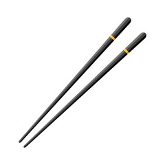 Chopstick for chinese sushi, japan hashi. Wooden black chop stick with yellow strip isolated on white background. Japanese, asian cuisine in restaurant. Bamboo stick for fish, noodle. Vector