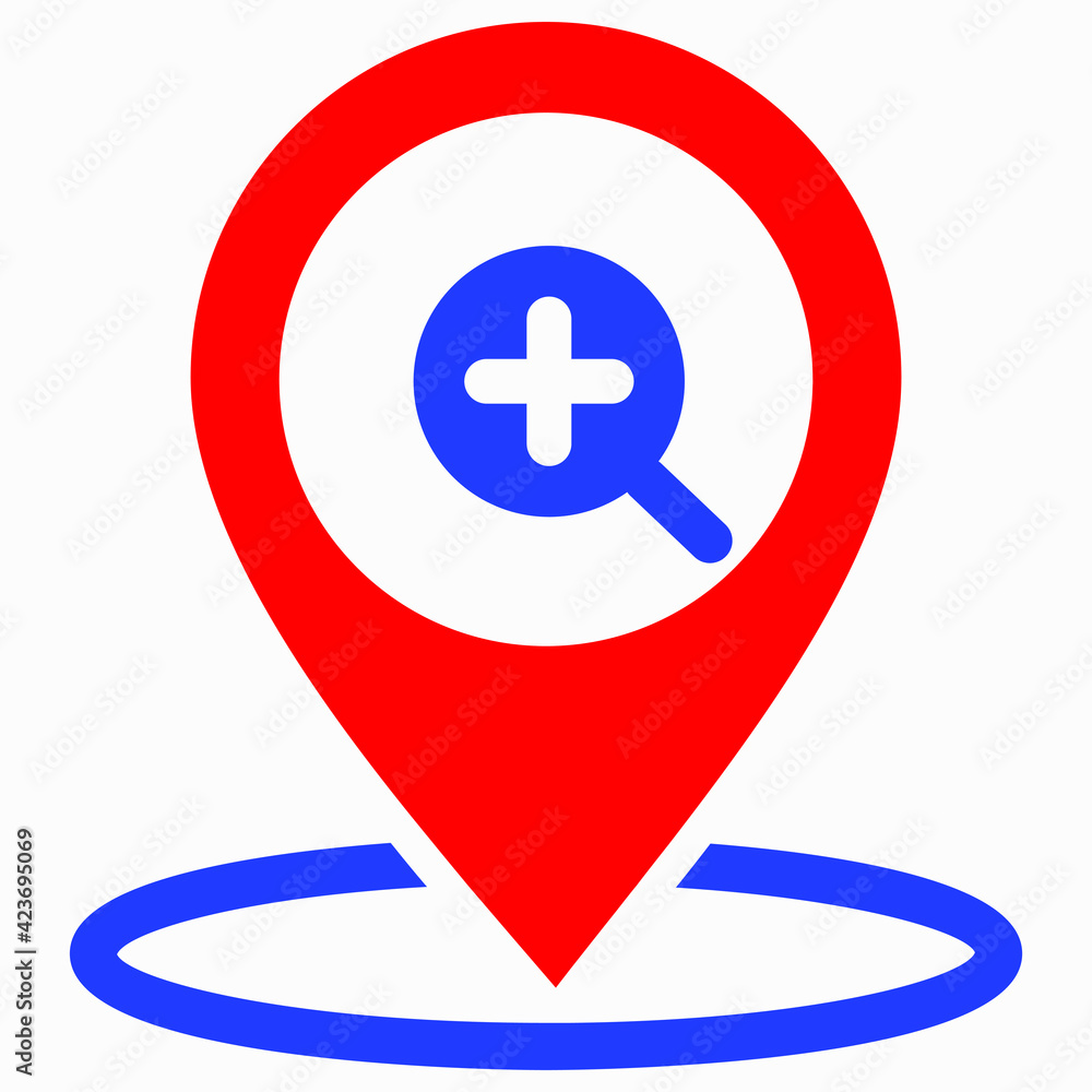 Poster finding a location. magnifier icon and location. zoom in. vector icon.