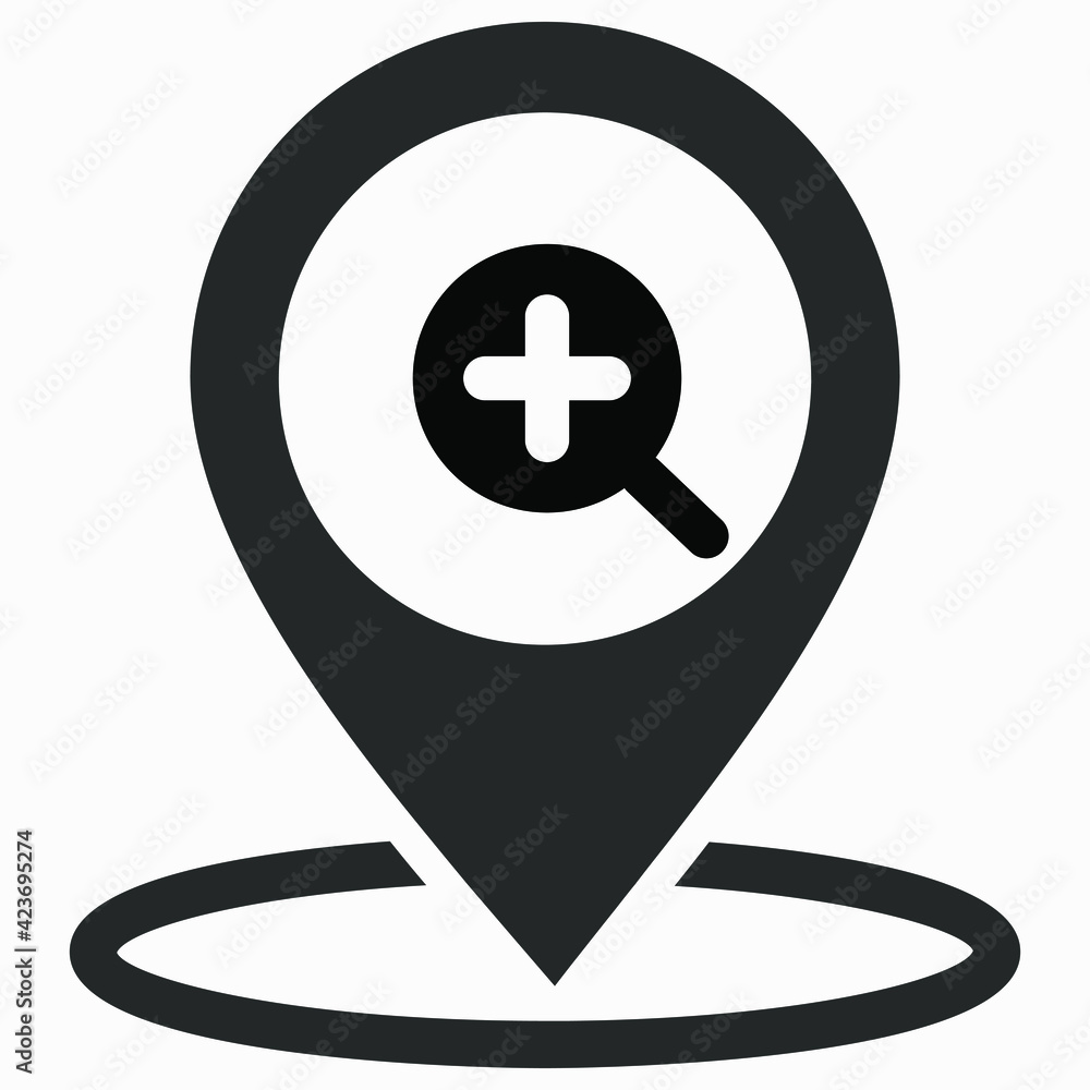 Poster finding a location. magnifier icon and location. zoom in. vector icon.