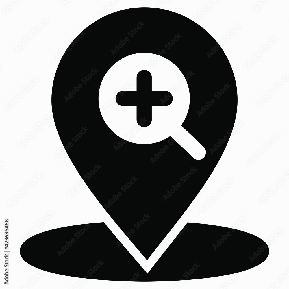 Poster finding a location. magnifier icon and location. zoom in. vector icon.