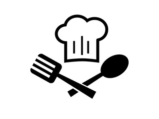 Chef emblem with toque and spoon isolated on a white background. Vector stock  illustration for card or banner - obrazy, fototapety, plakaty