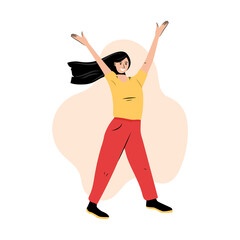 Happy smiling woman in casual clothes standing with rising hands vector flat cartoon illustration.