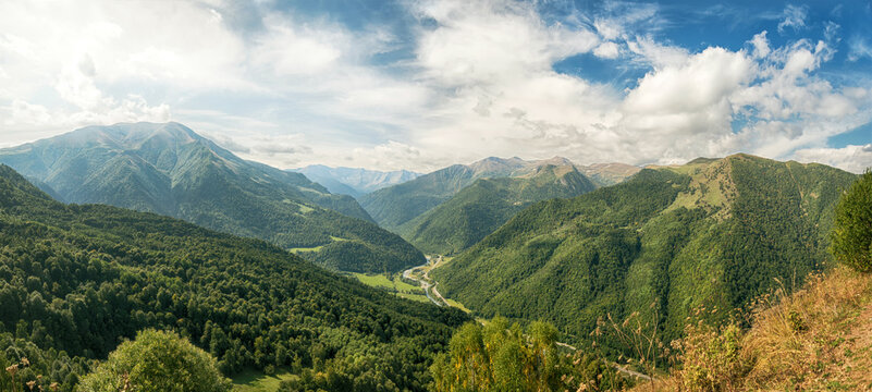 Aerial view of the mountains of the Caucasus. Karachay - Cherkessia, Russia, September 2019.
