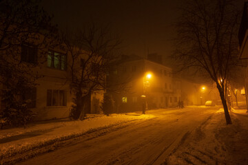 The city lights in a winter town. Foggy and snowy weather. Trees with white frost