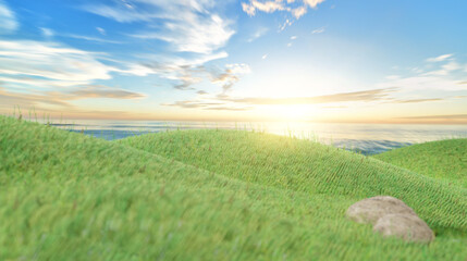Green grass field on small hills and blue sky with sunrise morning clouds in sea view. 3d rendering