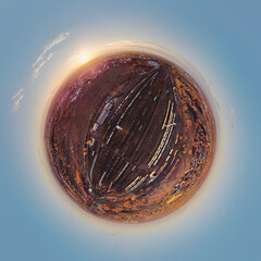 Little planet transformation of spherical panorama 360 degrees of railway sorting station with...