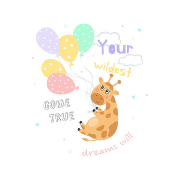 Vector illustration of a cute giraffe hanging on balls. Children's print on clothes, greeting card, party invitation.