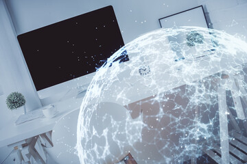 Double exposure of social network theme drawing and office interior background. Concept of web.