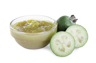 Feijoa jam in glass bowl and fresh fruits on white background