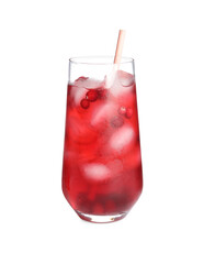 Tasty refreshing cranberry cocktail with straw isolated on white