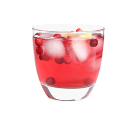 Tasty refreshing cranberry cocktail with lemon isolated on white