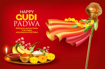 Greeting card with traditional symbol Gudhi and pooja thali (tray) for Indian New Year festival Gudi Padwa (Ugadi, Yugadi). Vector illustration.