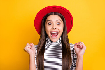 Portrait of attractive crazy cheerful long-haired girl fan having fun great news reaction isolated...