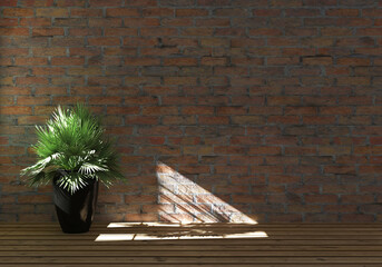 Light pours through the window opening onto the flowerpot, casting a shadow on the wall and floor. 3d illustration