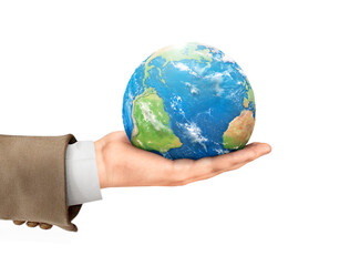 The concept of environmental protection. A young man in a business suit holds a planet on an outstretched hand on a white background. 3d illustration