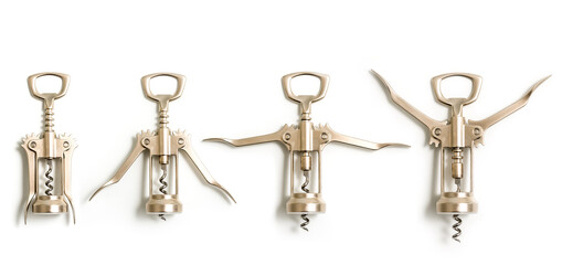 Set of four levels of shiny Stainless steel wine bottle openers on a white background